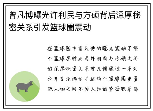 曾凡博曝光许利民与方硕背后深厚秘密关系引发篮球圈震动