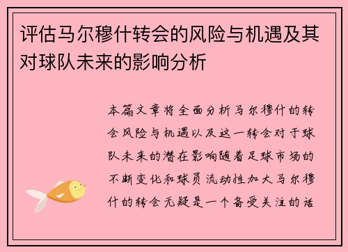 评估马尔穆什转会的风险与机遇及其对球队未来的影响分析 评估马尔穆什转会的风险与机遇及其对球队未来的影响分析